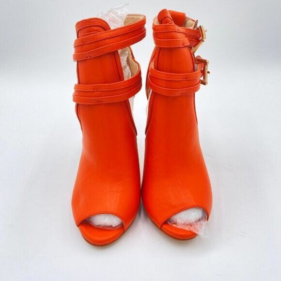 XYD Dark Orange Peep Toe High Heels Buckled Double Straps Cutout Ankle Bootie - Picture 3 of 8